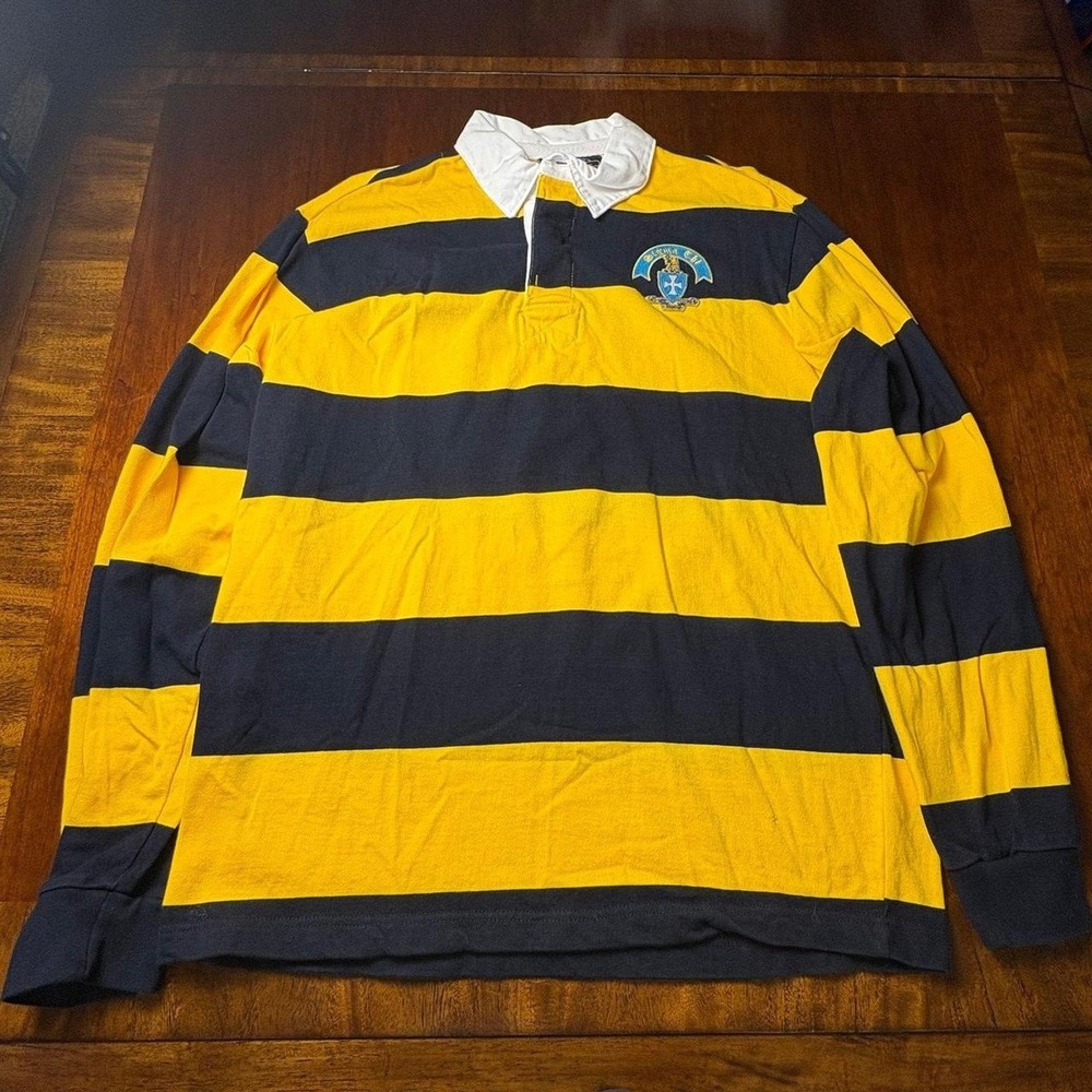 Charles River Apparel Rugby Shirt Yellow Navy Stripe Long Sleeve Polo M